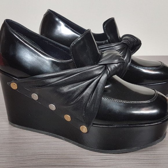 Celine Phoebe Phile Black Leather Bow Wedge Platform Shoe Womens Size 5.5 / 35.5 - Picture 3 of 8